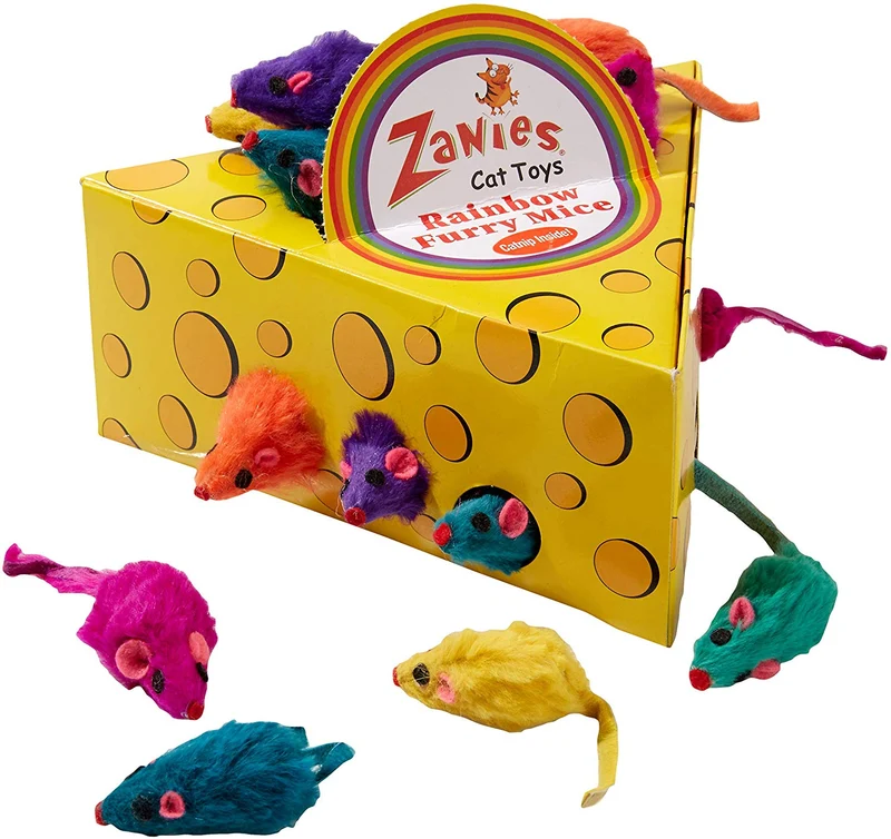 Gepoetry Caja de 60 Zanies piel real Rattling Rainbow Mice en caja de queso
