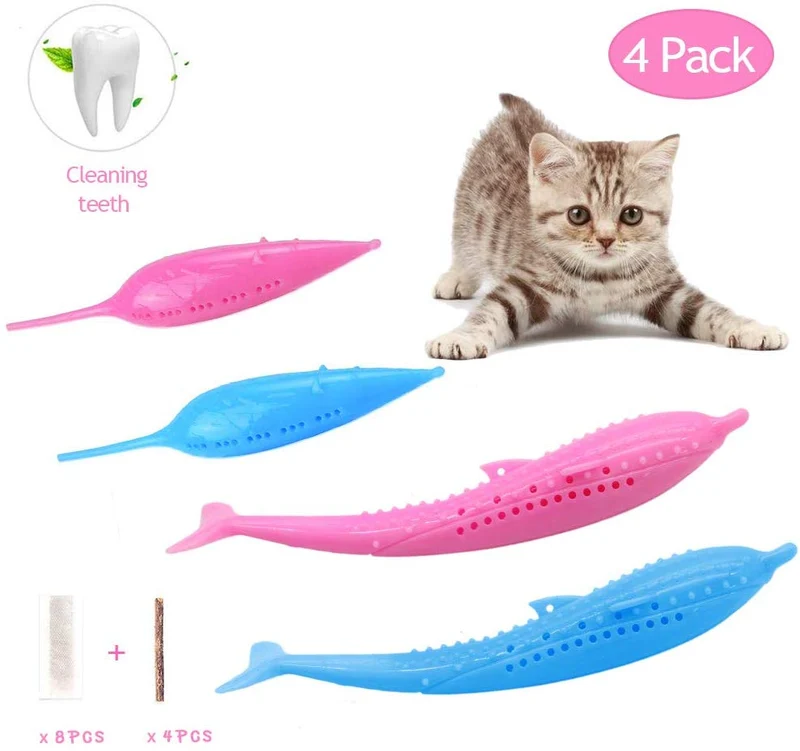 VSTON Cepillo de dientes de silicona para gatos, cepillo de dientes para masticar, juguete dental interactivo para ratones de pescado, cepillo de dientes con juguetes de gato, palo de silicona molar para gatitos, resistente a mordeduras