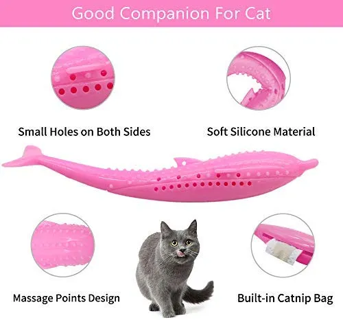 VSTON Cepillo de dientes de silicona para gatos, cepillo de dientes para masticar, juguete dental interactivo para ratones de pescado, cepillo de dientes con juguetes de gato, palo de silicona molar para gatitos, resistente a mordeduras