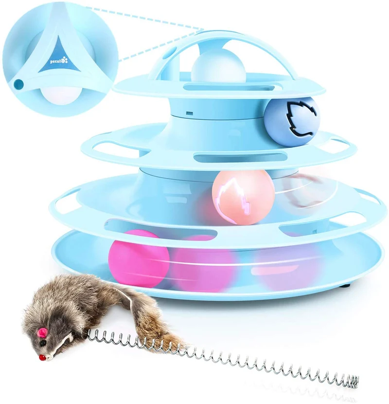 Pecute - Rodillo de gato con ratón interactivo de 4 niveles, juguete de torre de pista con gato y bolas de flash