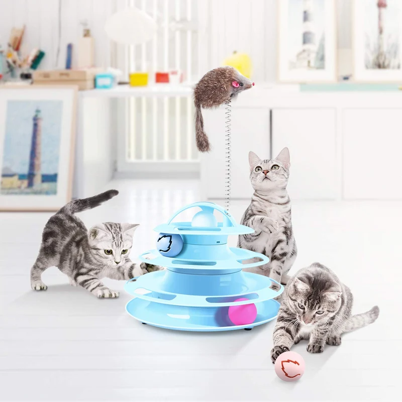 Pecute - Rodillo de gato con ratón interactivo de 4 niveles, juguete de torre de pista con gato y bolas de flash
