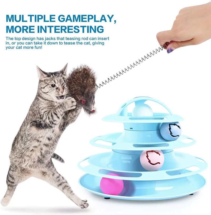 Pecute - Rodillo de gato con ratón interactivo de 4 niveles, juguete de torre de pista con gato y bolas de flash