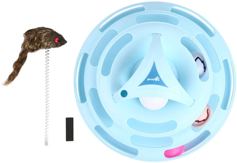 Pecute - Rodillo de gato con ratón interactivo de 4 niveles, juguete de torre de pista con gato y bolas de flash