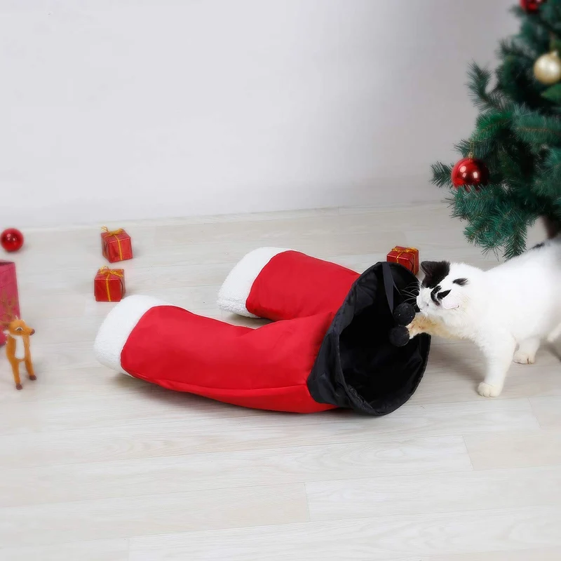Túnel plegable para gatos de LAPOND, 3 vías, juguete para gatos, túnel de Navidad, pantalones de Papá Noel, tubo para gatos, gran juguete para gatos y conejos