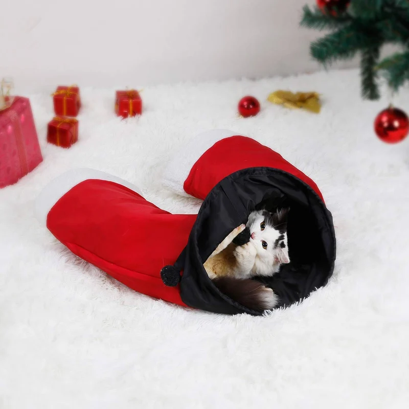 Túnel plegable para gatos de LAPOND, 3 vías, juguete para gatos, túnel de Navidad, pantalones de Papá Noel, tubo para gatos, gran juguete para gatos y conejos