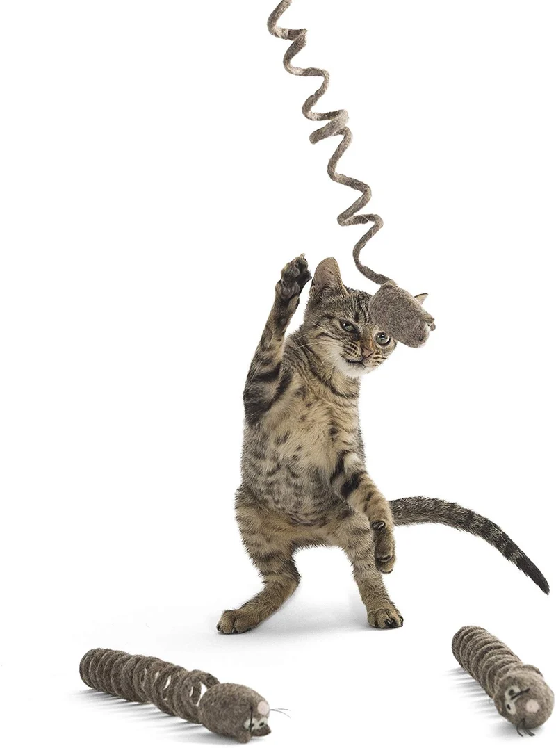 kittichase – 3-Pack gato Chase el mouse de peluche con cola de primavera – Hecho a mano 100% Lana de all-natural – para gatos y gatitos