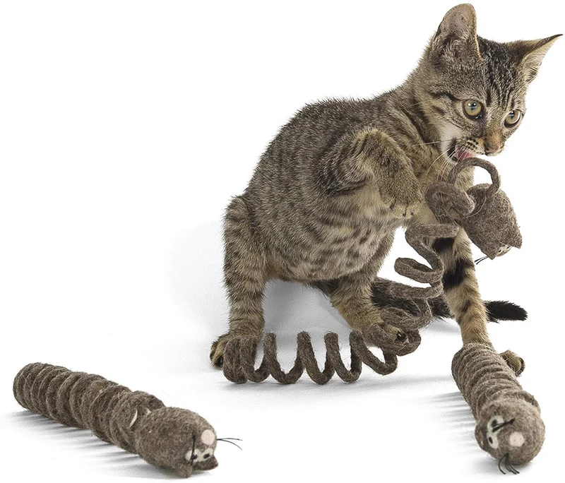 kittichase – 3-Pack gato Chase el mouse de peluche con cola de primavera – Hecho a mano 100% Lana de all-natural – para gatos y gatitos