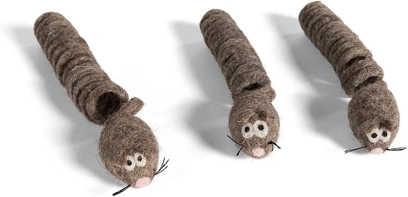 kittichase – 3-Pack gato Chase el mouse de peluche con cola de primavera – Hecho a mano 100% Lana de all-natural – para gatos y gatitos