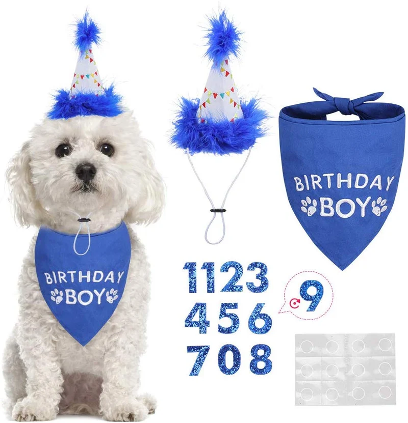 BINGPET - Bandana de cumpleaños para perro, bufanda y gorro de cumpleaños reutilizable para perro, con 0-8 figuras