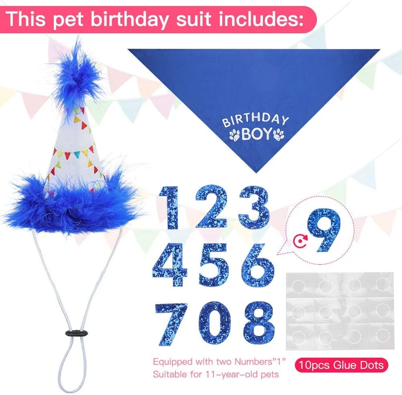 BINGPET - Bandana de cumpleaños para perro, bufanda y gorro de cumpleaños reutilizable para perro, con 0-8 figuras