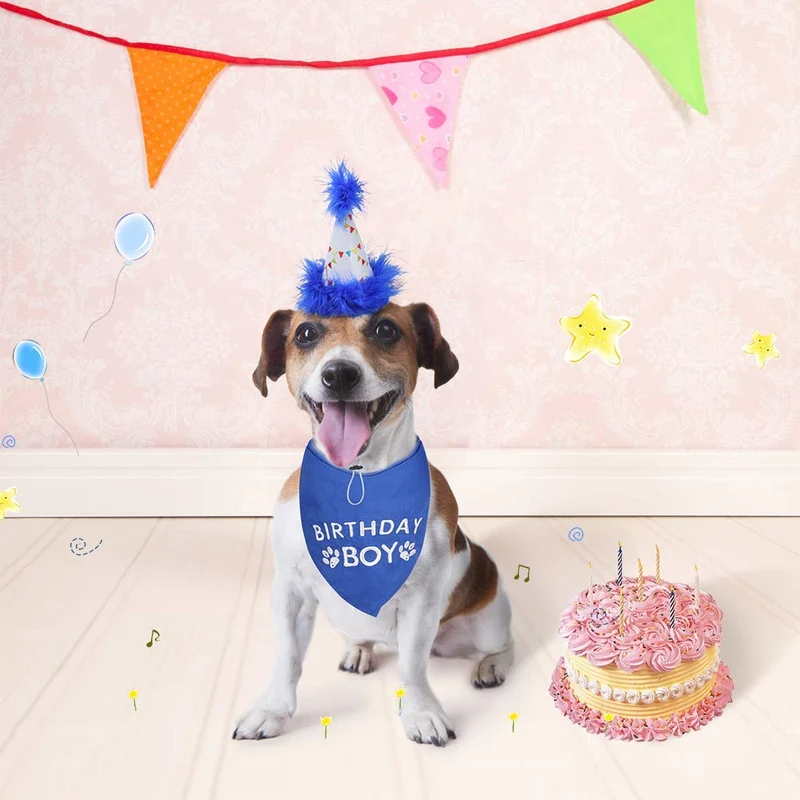 BINGPET - Bandana de cumpleaños para perro, bufanda y gorro de cumpleaños reutilizable para perro, con 0-8 figuras