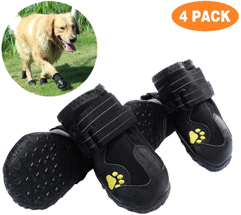 PG.KINWANG - Botas impermeables para perros de tamaño mediano a grande, con velcro reflectante, suela antideslizante, protectores para patas de mascotas, Labrador Husky, color negro, 4 unidades