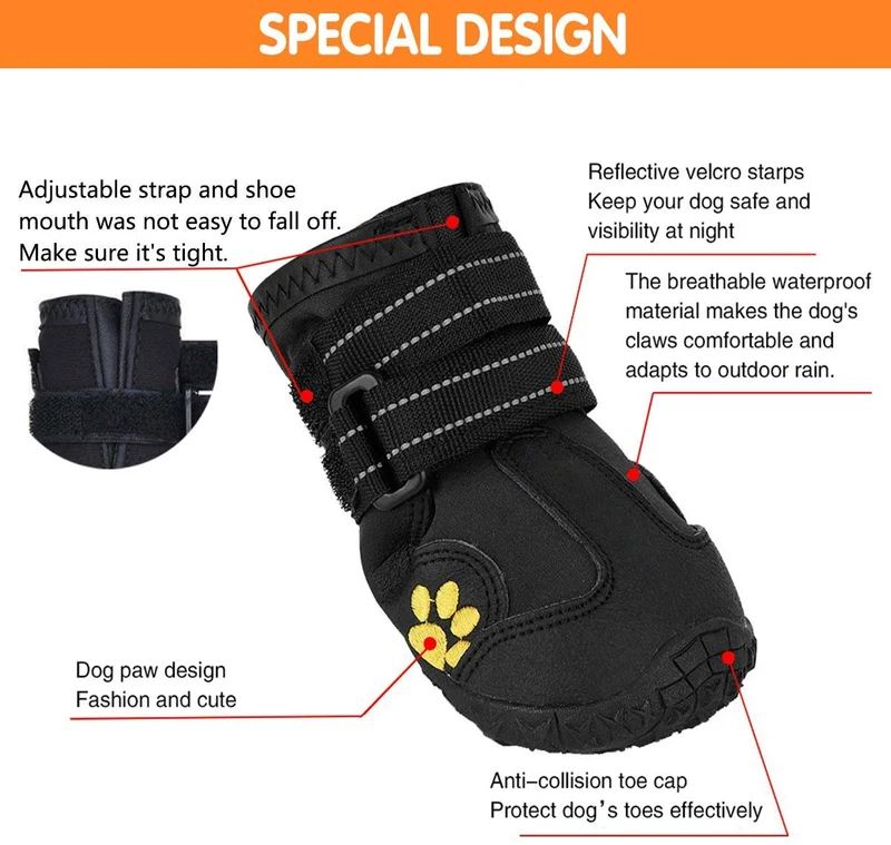 PG.KINWANG - Botas impermeables para perros de tamaño mediano a grande, con velcro reflectante, suela antideslizante, protectores para patas de mascotas, Labrador Husky, color negro, 4 unidades