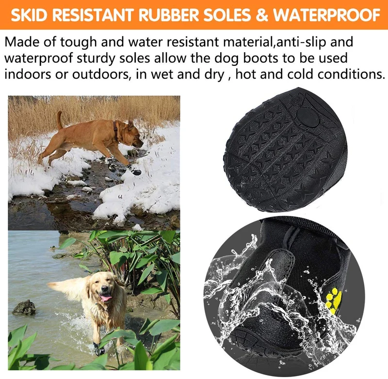 PG.KINWANG - Botas impermeables para perros de tamaño mediano a grande, con velcro reflectante, suela antideslizante, protectores para patas de mascotas, Labrador Husky, color negro, 4 unidades