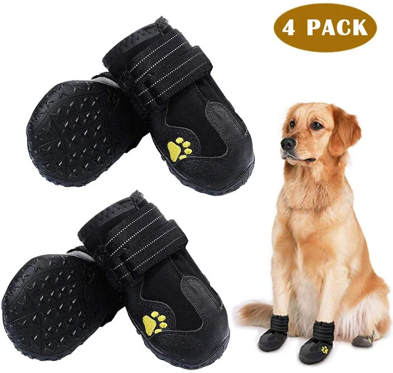 PK.ZTopia Botas para perros, botas impermeables para perros, botas de lluvia, zapatos para perros de tamaño mediano a grande con dos correas reflectantes de sujeción y suela antideslizante resistente (negro 4 piezas)