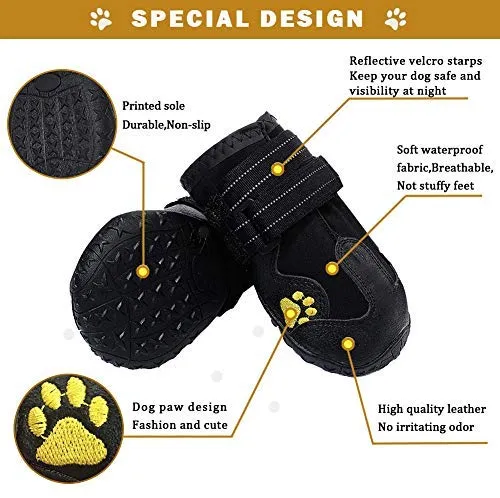 PK.ZTopia Botas para perros, botas impermeables para perros, botas de lluvia, zapatos para perros de tamaño mediano a grande con dos correas reflectantes de sujeción y suela antideslizante resistente (negro 4 piezas)