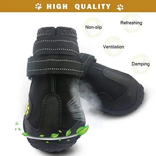 PK.ZTopia Botas para perros, botas impermeables para perros, botas de lluvia, zapatos para perros de tamaño mediano a grande con dos correas reflectantes de sujeción y suela antideslizante resistente (negro 4 piezas)