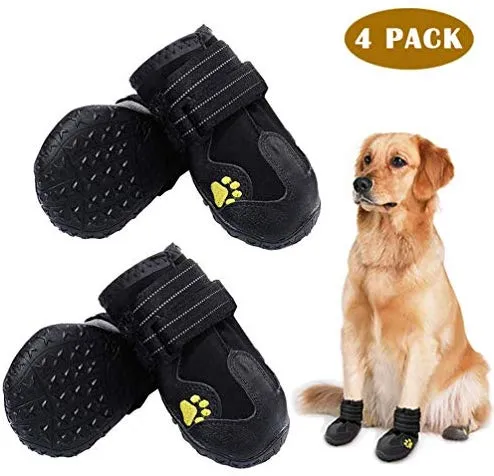 PK.ZTopia Botas para perros, botas impermeables para perros, botas de lluvia, zapatos para perros de tamaño mediano a grande con dos correas reflectantes de sujeción y suela antideslizante resistente (negro 4 piezas)