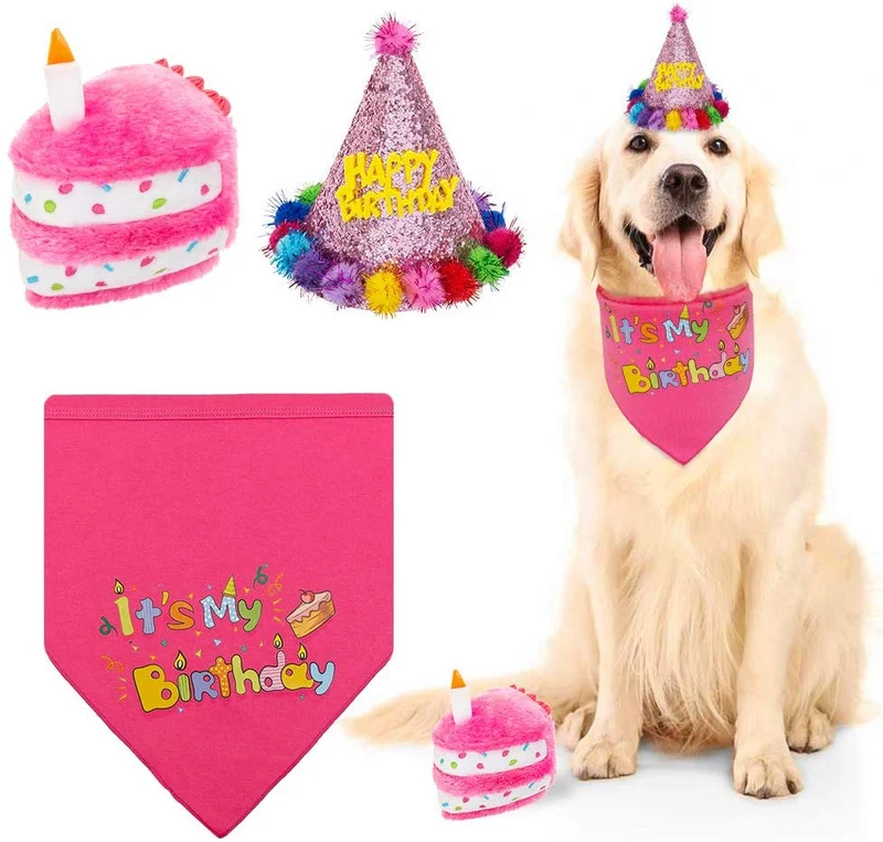 KOOLTAIL Bandana de cumpleaños para perro con sombrero y juego de juguete. Juguete para masticar con forma de cono y corona de triángulo. Bufanda de color rosa para perros, fiesta de cumpleaños, suministros adecuados para perros pequeños y medianos