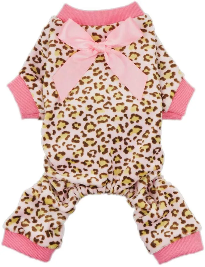 Fitwarm - Enterito para perro de terciopelo con estampado de leopardo con lazo