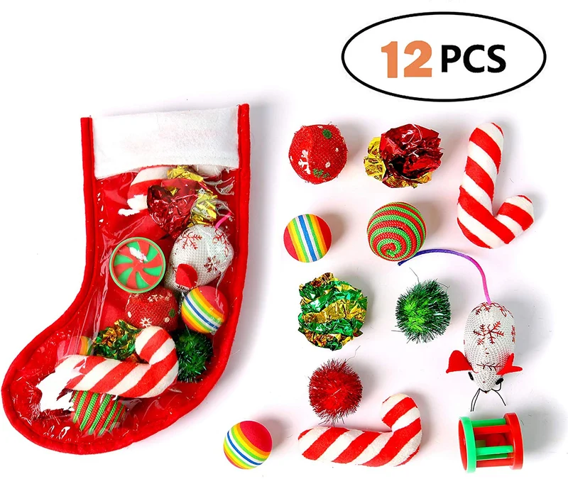 Highland Farms Set de regalo de Navidad para gatos – Relleno de juguete para gatos – Pack de 12 paquetes de juguetes para cesta de fiesta