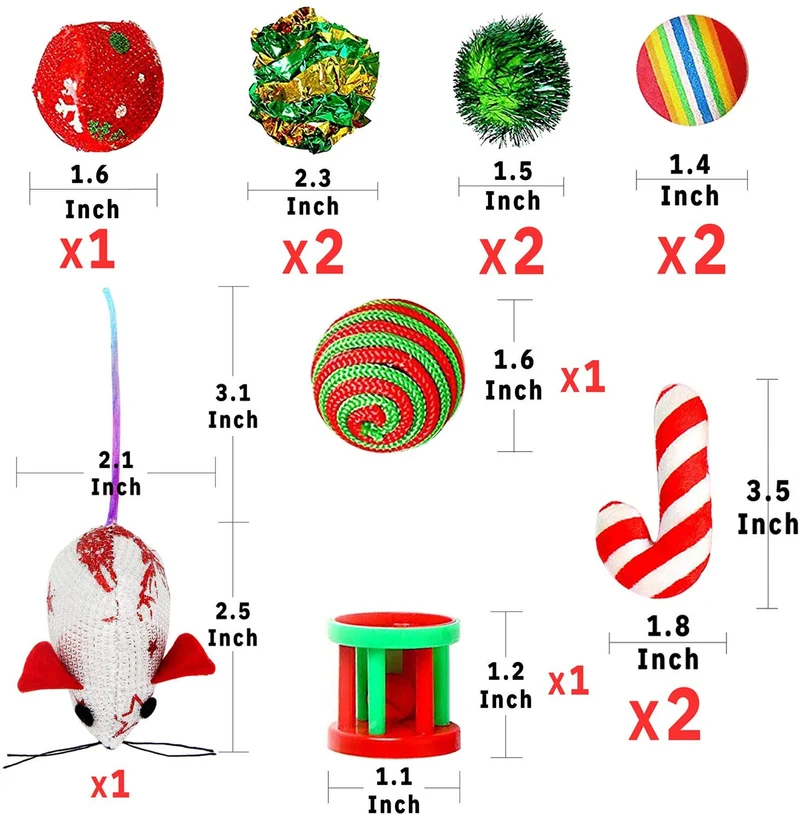 Highland Farms Set de regalo de Navidad para gatos – Relleno de juguete para gatos – Pack de 12 paquetes de juguetes para cesta de fiesta