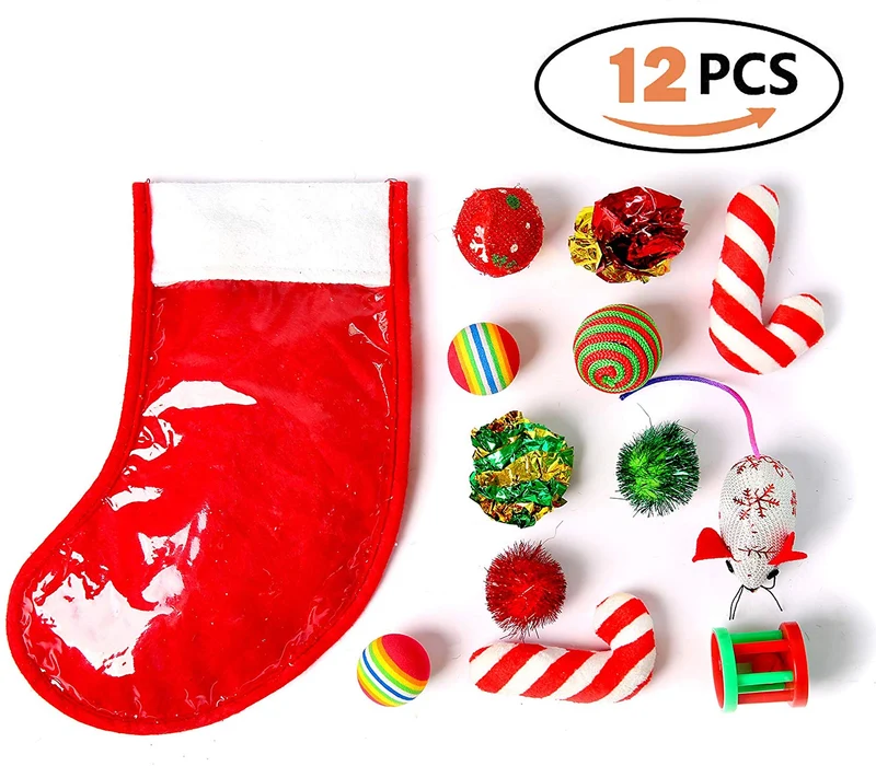 Highland Farms Set de regalo de Navidad para gatos – Relleno de juguete para gatos – Pack de 12 paquetes de juguetes para cesta de fiesta