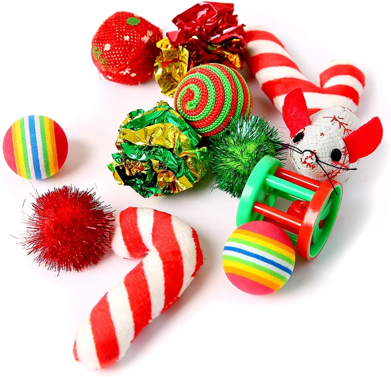 Highland Farms Set de regalo de Navidad para gatos – Relleno de juguete para gatos – Pack de 12 paquetes de juguetes para cesta de fiesta