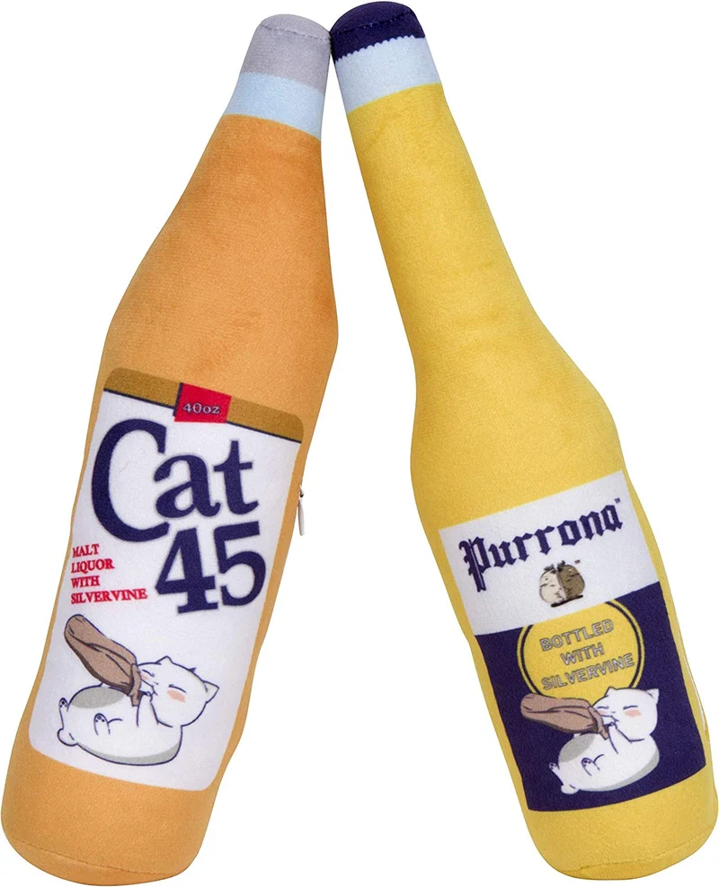 Botella de cerveza de felpa rellenable orgánica Silvervine Catnip de 40 onzas, paquete de 2 para gatos y gatitos por Twin Critters, sin ingredientes artificiales, más poderoso que el Catnip, gran regalo para los amantes de la cerveza
