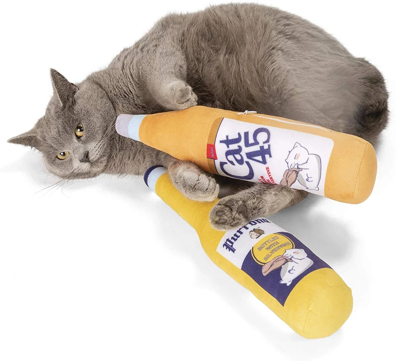 Botella de cerveza de felpa rellenable orgánica Silvervine Catnip de 40 onzas, paquete de 2 para gatos y gatitos por Twin Critters, sin ingredientes artificiales, más poderoso que el Catnip, gran regalo para los amantes de la cerveza