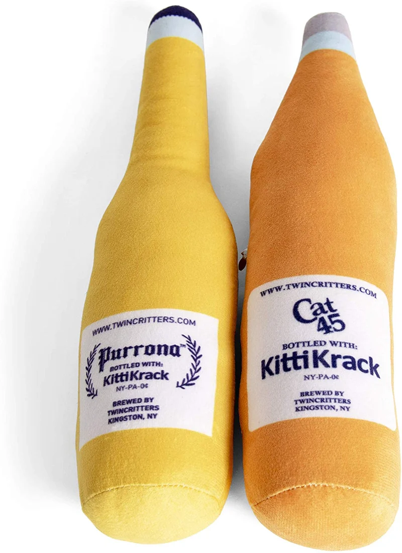 Botella de cerveza de felpa rellenable orgánica Silvervine Catnip de 40 onzas, paquete de 2 para gatos y gatitos por Twin Critters, sin ingredientes artificiales, más poderoso que el Catnip, gran regalo para los amantes de la cerveza
