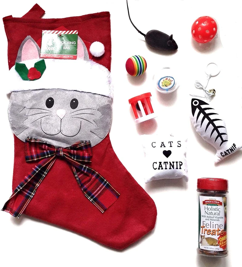 Calcetín de Navidad para gatos con juguetes, con dulces naturales holísticos, 1 calcetín, 7 juguetes divertidos, 1 tarro de golosinas para gatos, perfecto para gatos con hierba de gato.