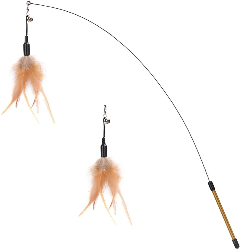 Pawaboo Juguete de plumas para gato, varita interactiva para gato, juguete de pluma voladora con varita extra larga y campana pequeña, juguete divertido para jugar para gatitos o gatos.