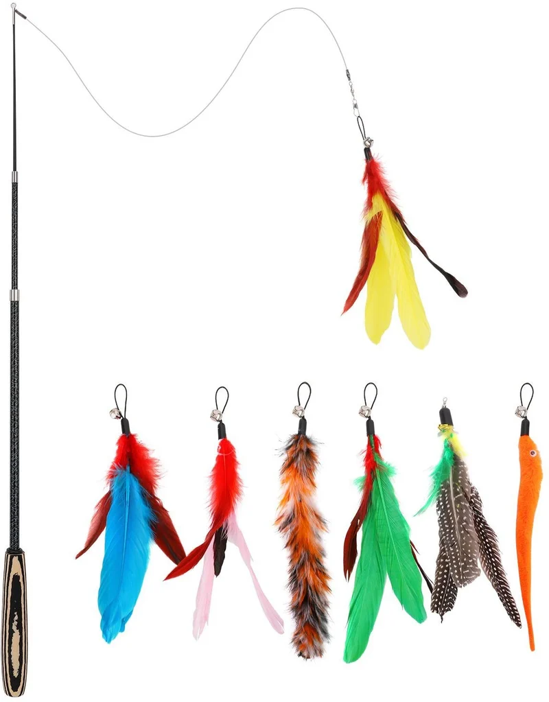 Pawaboo Juguete de plumas para gato, varita interactiva para gato, juguete de pluma voladora con varita extra larga y campana pequeña, juguete divertido para jugar para gatitos o gatos.