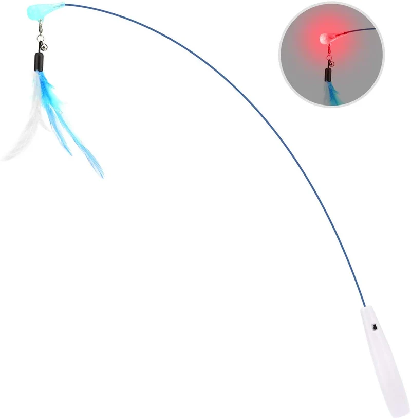 Pawaboo Juguete de plumas para gato, varita interactiva para gato, juguete de pluma voladora con varita extra larga y campana pequeña, juguete divertido para jugar para gatitos o gatos.