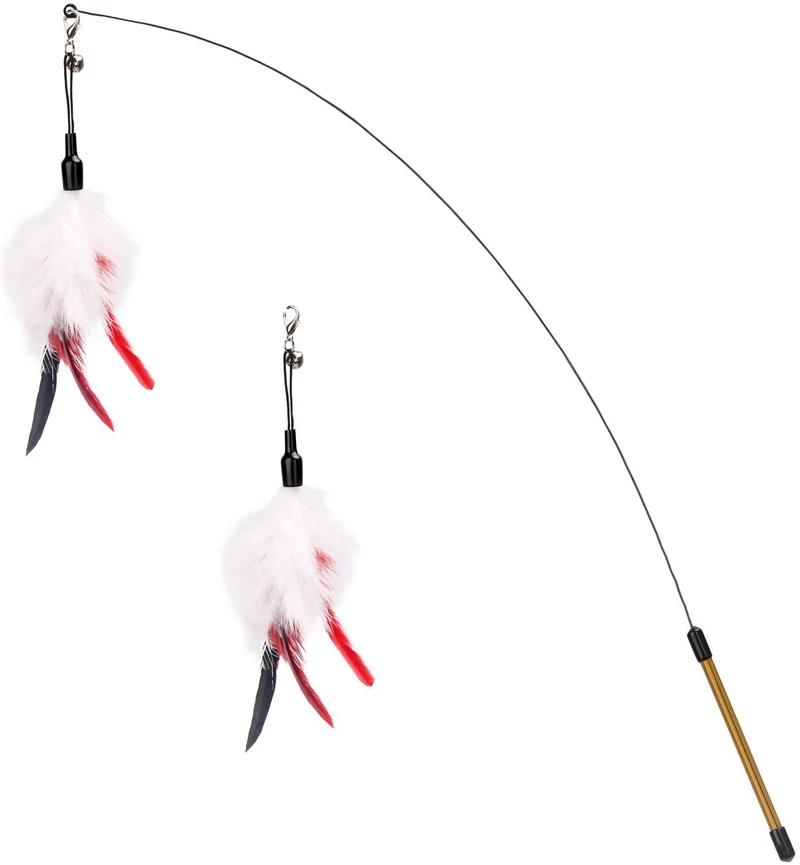 Pawaboo Juguete de plumas para gato, varita interactiva para gato, juguete de pluma voladora con varita extra larga y campana pequeña, juguete divertido para jugar para gatitos o gatos.
