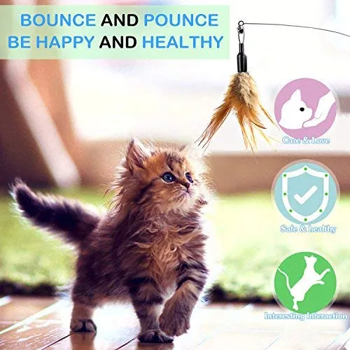Pawaboo Juguete de plumas para gato, varita interactiva para gato, juguete de pluma voladora con varita extra larga y campana pequeña, juguete divertido para jugar para gatitos o gatos.