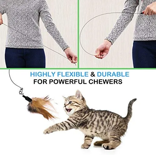 Pawaboo Juguete de plumas para gato, varita interactiva para gato, juguete de pluma voladora con varita extra larga y campana pequeña, juguete divertido para jugar para gatitos o gatos.