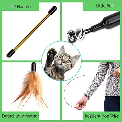 Pawaboo Juguete de plumas para gato, varita interactiva para gato, juguete de pluma voladora con varita extra larga y campana pequeña, juguete divertido para jugar para gatitos o gatos.