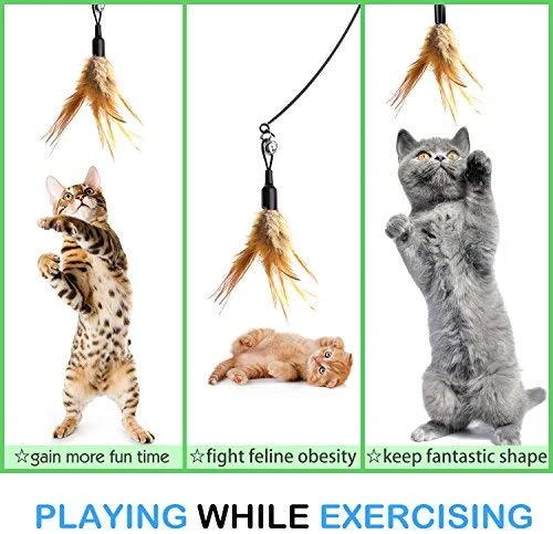 Pawaboo Juguete de plumas para gato, varita interactiva para gato, juguete de pluma voladora con varita extra larga y campana pequeña, juguete divertido para jugar para gatitos o gatos.