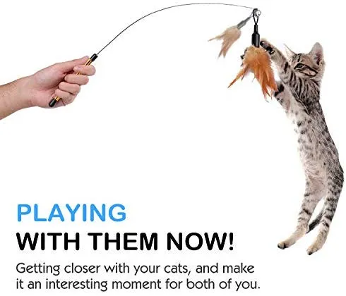 Pawaboo Juguete de plumas para gato, varita interactiva para gato, juguete de pluma voladora con varita extra larga y campana pequeña, juguete divertido para jugar para gatitos o gatos.