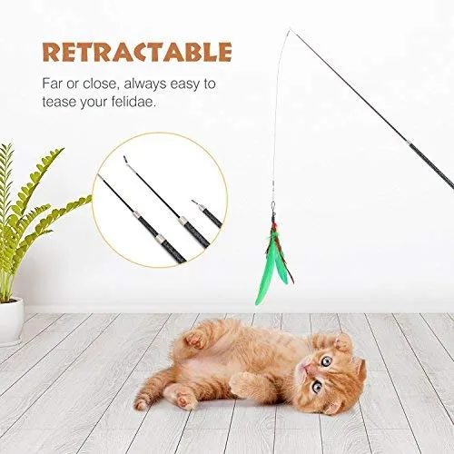 Pawaboo Juguete de plumas para gato, varita interactiva para gato, juguete de pluma voladora con varita extra larga y campana pequeña, juguete divertido para jugar para gatitos o gatos.