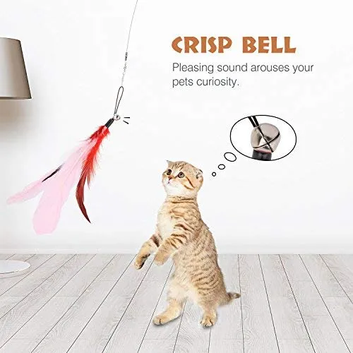 Pawaboo Juguete de plumas para gato, varita interactiva para gato, juguete de pluma voladora con varita extra larga y campana pequeña, juguete divertido para jugar para gatitos o gatos.