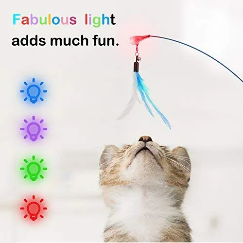 Pawaboo Juguete de plumas para gato, varita interactiva para gato, juguete de pluma voladora con varita extra larga y campana pequeña, juguete divertido para jugar para gatitos o gatos.