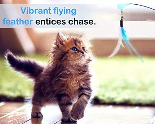 Pawaboo Juguete de plumas para gato, varita interactiva para gato, juguete de pluma voladora con varita extra larga y campana pequeña, juguete divertido para jugar para gatitos o gatos.