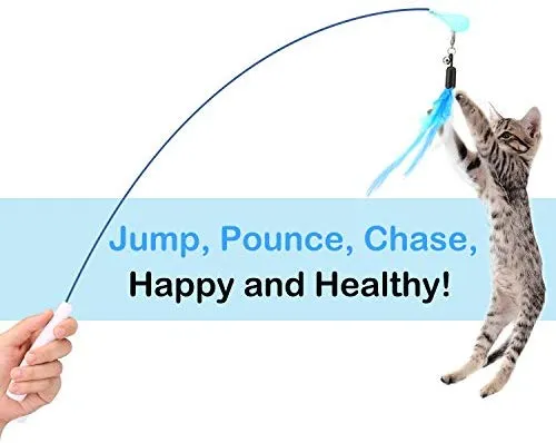 Pawaboo Juguete de plumas para gato, varita interactiva para gato, juguete de pluma voladora con varita extra larga y campana pequeña, juguete divertido para jugar para gatitos o gatos.
