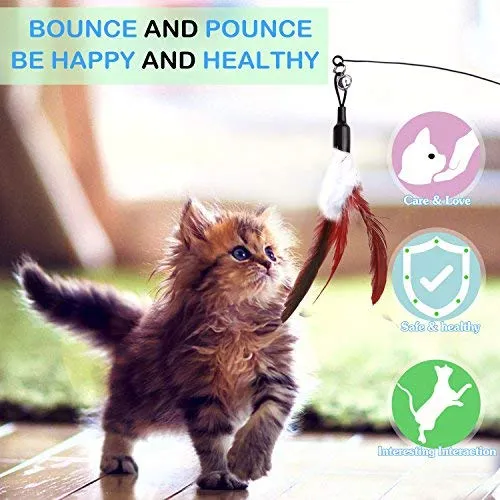 Pawaboo Juguete de plumas para gato, varita interactiva para gato, juguete de pluma voladora con varita extra larga y campana pequeña, juguete divertido para jugar para gatitos o gatos.