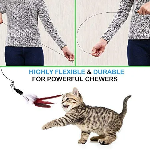 Pawaboo Juguete de plumas para gato, varita interactiva para gato, juguete de pluma voladora con varita extra larga y campana pequeña, juguete divertido para jugar para gatitos o gatos.