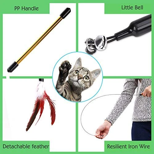 Pawaboo Juguete de plumas para gato, varita interactiva para gato, juguete de pluma voladora con varita extra larga y campana pequeña, juguete divertido para jugar para gatitos o gatos.