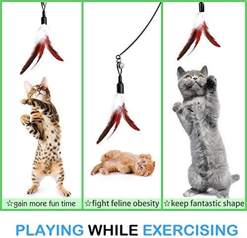 Pawaboo Juguete de plumas para gato, varita interactiva para gato, juguete de pluma voladora con varita extra larga y campana pequeña, juguete divertido para jugar para gatitos o gatos.